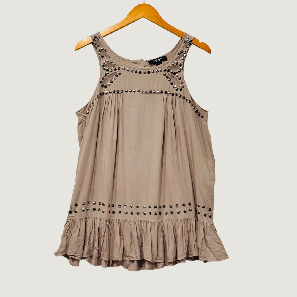 Nine West Jeans Tank Top Womens Medium Taupe Studded Ruffle Boho Cottagecore